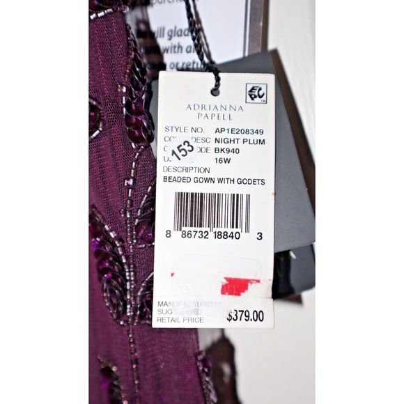Adrianna Papell Plus Sz 16W Night Plum Hand Beaded S/S Floral Godet Gown $379 - Picture 3 of 10